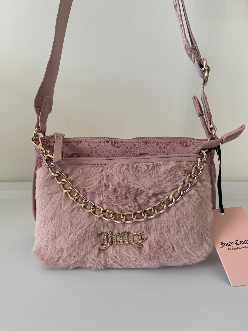Juicy Couture Blush Pink Faux Fur Double trouble Crossbody with Gold Chain